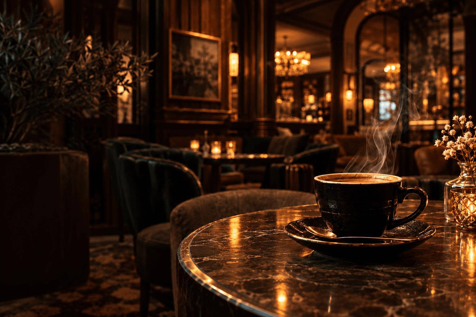 Koyu tonlarda sıcak ışıklı bir lounge atmosferi